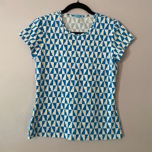 J. McLaughlin Blue White Catalina Cloth Geometric Print Short Sleeve Shirt XS